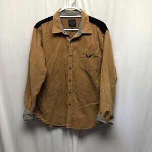 HLWY Button Up Tan Corduroy  Shirt Mens Size XL Black White Gingham Lined Cuffs